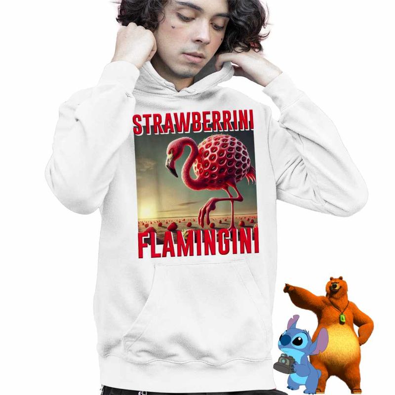 Fashion, accesorii si bijuterii - Copii - Imbracaminte copii - Pulovere si hanorace copii - Hanorac Copii Baieti Strawberrini Flamingini Brainrot, alb, marime XS Copii - Infinity.ro