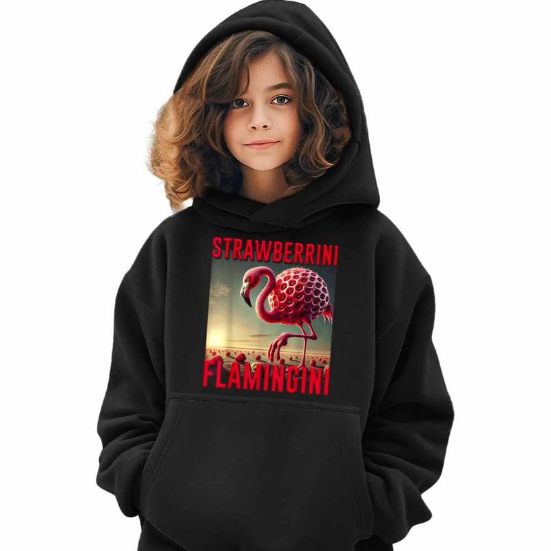 Fashion, accesorii si bijuterii - Copii - Imbracaminte copii - Pulovere si hanorace copii - Hanorac Copii Fete Strawberrini Flamingini Brainrot, negru, marime L Copii - Infinity.ro
