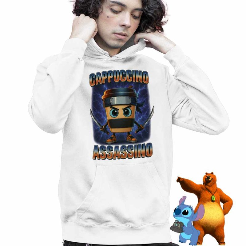 Fashion, accesorii si bijuterii - Copii - Imbracaminte copii - Pulovere si hanorace copii - Hanorac Copii Baieti Cappuccino Assassino Ninja Brainrot, alb, marime XL Copii - Infinity.ro