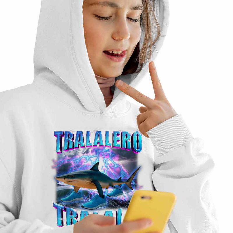 Fashion, accesorii si bijuterii - Copii - Imbracaminte copii - Pulovere si hanorace copii - Hanorac Copii Fete Shark Tralalero Tralala Brainrot Meme, alb, marime L Copii - Infinity.ro