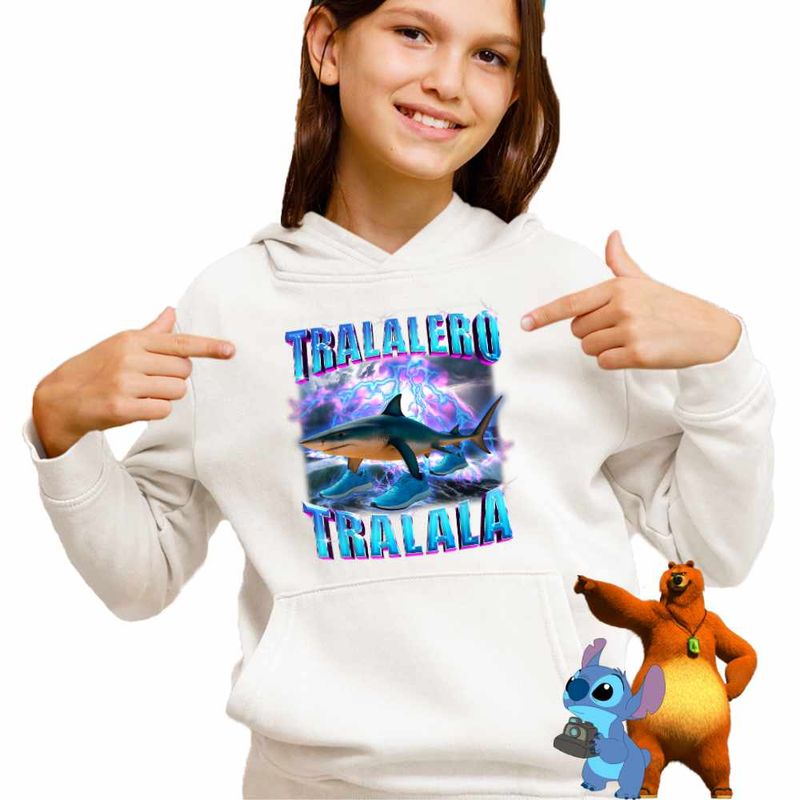 Fashion, accesorii si bijuterii - Copii - Imbracaminte copii - Pulovere si hanorace copii - Hanorac Copii Fete Shark Tralalero Tralala Brainrot Meme, alb, marime L Copii - Infinity.ro