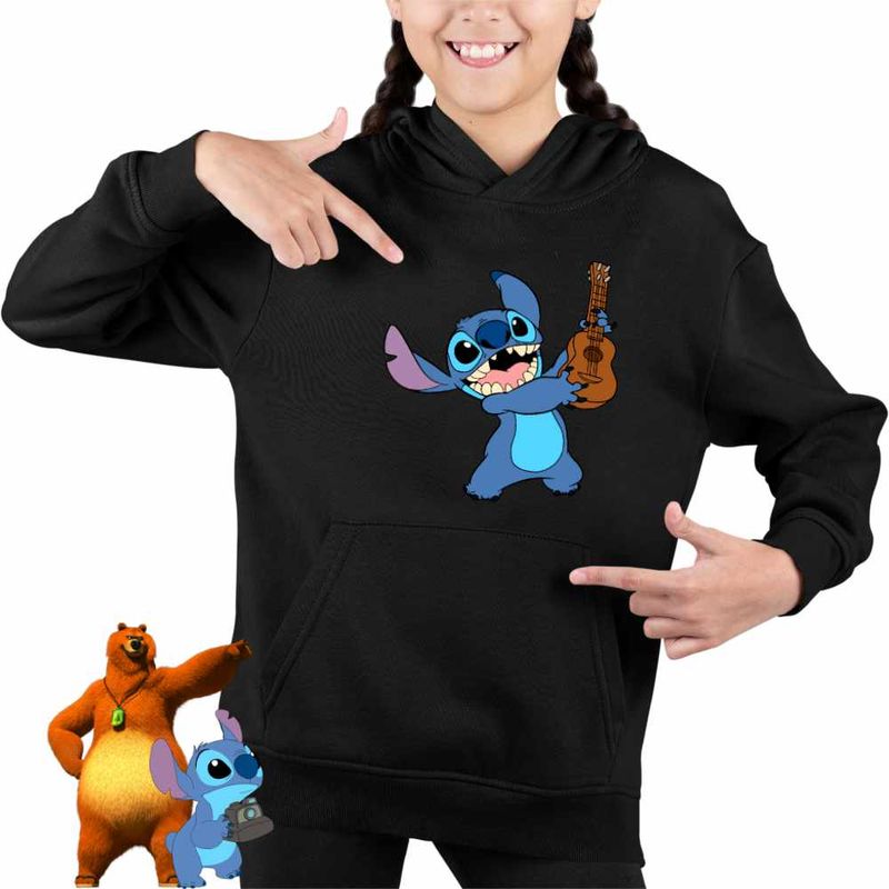 Fashion, accesorii si bijuterii - Copii - Imbracaminte copii - Pulovere si hanorace copii - Hanorac Copii Fete Stitch Chitara, negru, marime L Copii - Infinity.ro