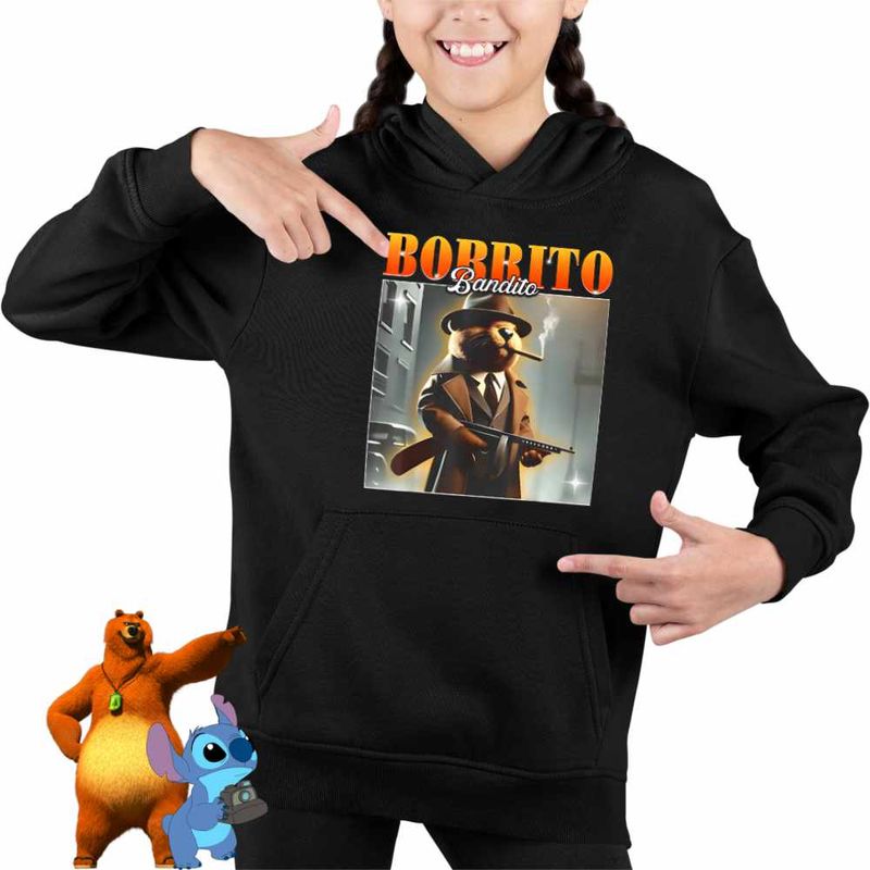 Fashion, accesorii si bijuterii - Copii - Imbracaminte copii - Pulovere si hanorace copii - Hanorac Copii Fete Borrito Bandito Italian Meme Brainrot Brain Rot, negru, marime XL Copii - Infinity.ro