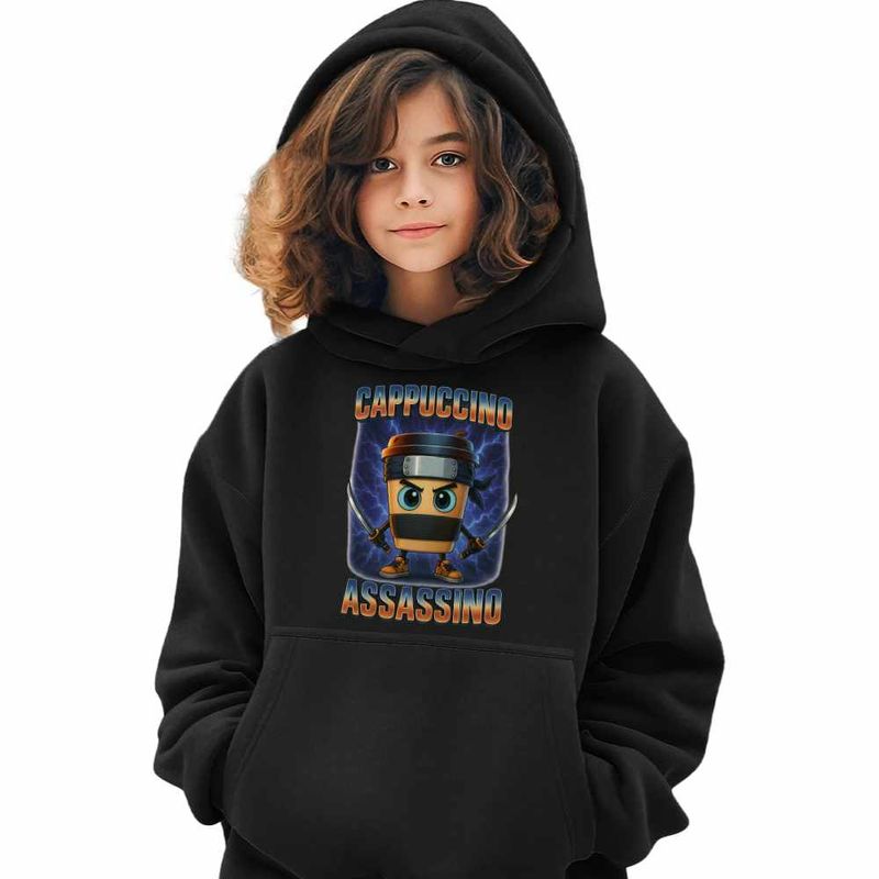Fashion, accesorii si bijuterii - Copii - Imbracaminte copii - Pulovere si hanorace copii - Hanorac Copii Fete Cappuccino Assassino Ninja Brainrot, negru, marime XL Copii - Infinity.ro
