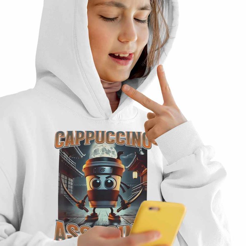 Fashion, accesorii si bijuterii - Copii - Imbracaminte copii - Pulovere si hanorace copii - Hanorac Copii Fete Italian Cappuccino Assassino Brainrot, alb, marime M Copii - Infinity.ro