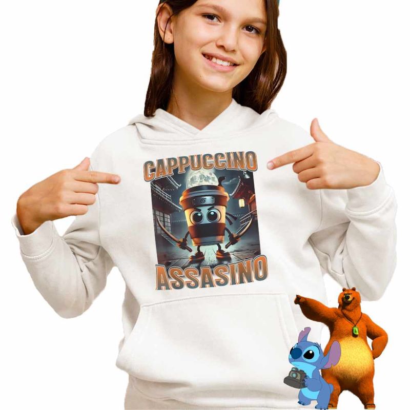 Fashion, accesorii si bijuterii - Copii - Imbracaminte copii - Pulovere si hanorace copii - Hanorac Copii Fete Italian Cappuccino Assassino Brainrot, alb, marime M Copii - Infinity.ro