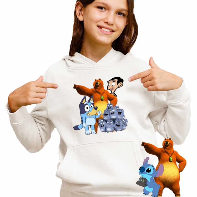 Fashion, accesorii si bijuterii - Copii - Imbracaminte copii - Pulovere si hanorace copii - Hanorac Copii Fete Grizzy Lemingi Bluey Mr Bean, alb, marime M Copii - Infinity.ro