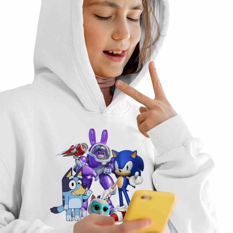 Fashion, accesorii si bijuterii - Copii - Imbracaminte copii - Pulovere si hanorace copii - Hanorac Copii Fete Robogobo Bluey Sonic Super Pisicute, alb, marime L Copii - Infinity.ro