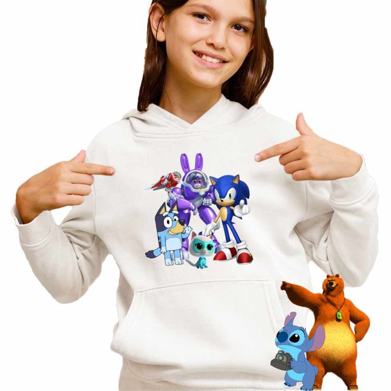 Fashion, accesorii si bijuterii - Copii - Imbracaminte copii - Pulovere si hanorace copii - Hanorac Copii Fete Robogobo Bluey Sonic Super Pisicute, alb, marime L Copii - Infinity.ro