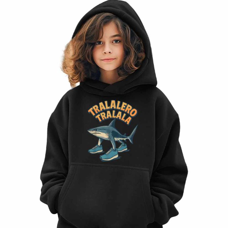 Fashion, accesorii si bijuterii - Copii - Imbracaminte copii - Pulovere si hanorace copii - Hanorac Copii Fete Tralalero Tralala Shark Italian Meme Brainrot Brain Rot, negru, marime M Copii - Infinity.ro