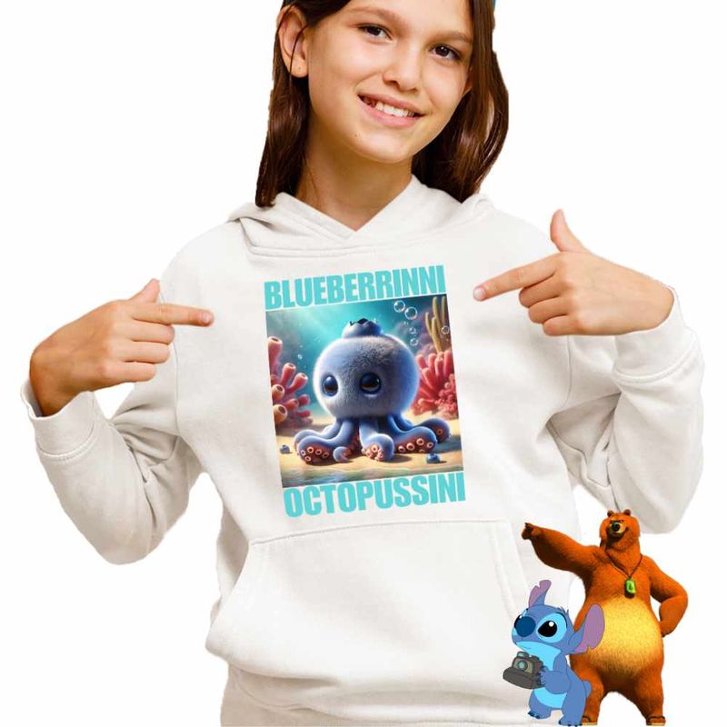 Fashion, accesorii si bijuterii - Copii - Imbracaminte copii - Pulovere si hanorace copii - Hanorac Copii Fete Blueberrinni Octopussini Italian Meme Brainrot Brain Rot, alb, marime XS Copii - Infinity.ro