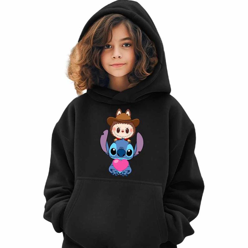 Fashion, accesorii si bijuterii - Copii - Imbracaminte copii - Pulovere si hanorace copii - Hanorac Copii Fete Stich Labubu Meme, negru, marime L Copii - Infinity.ro