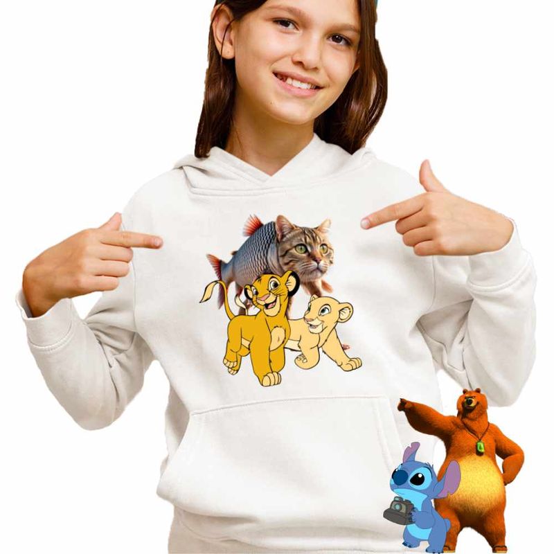 Fashion, accesorii si bijuterii - Copii - Imbracaminte copii - Pulovere si hanorace copii - Hanorac Copii Fete Trulimero Trulichina Pisica Peste Regele Leu Simba, alb, marime S Copii - Infinity.ro