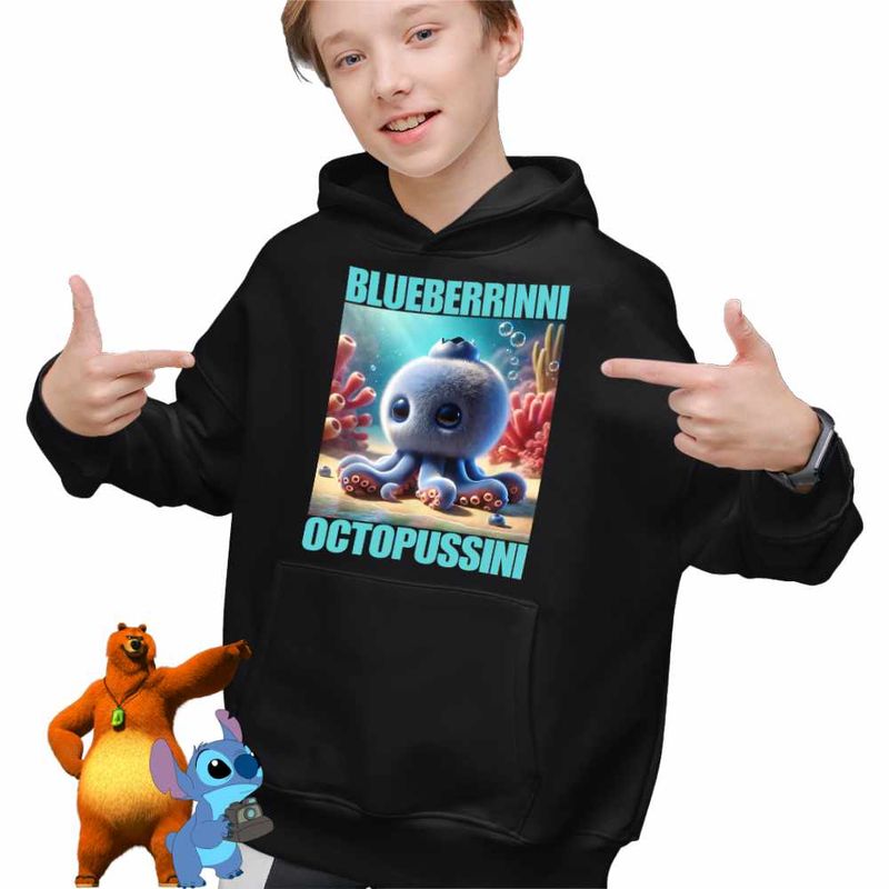 Fashion, accesorii si bijuterii - Copii - Imbracaminte copii - Pulovere si hanorace copii - Hanorac Copii Baieti Blueberrinni Octopussini Italian Meme Brainrot Brain Rot, negru, marime L Copii - Infinity.ro
