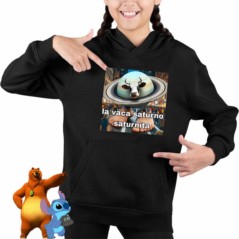 Fashion, accesorii si bijuterii - Copii - Imbracaminte copii - Pulovere si hanorace copii - Hanorac Copii Fete Vaca Saturno Saturnita Italian Meme Brainrot Brain Rot, negru, marime XS Copii - Infinity.ro
