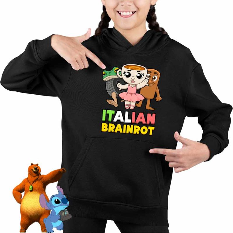 Fashion, accesorii si bijuterii - Copii - Imbracaminte copii - Pulovere si hanorace copii - Hanorac Copii Fete Italian Ballerina Tung Boneca Brainrot Brain Rot, negru, marime M Copii - Infinity.ro