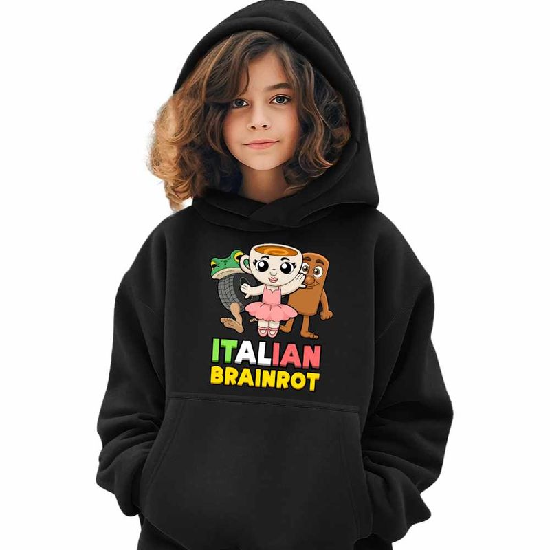 Fashion, accesorii si bijuterii - Copii - Imbracaminte copii - Pulovere si hanorace copii - Hanorac Copii Fete Italian Ballerina Tung Boneca Brainrot Brain Rot, negru, marime M Copii - Infinity.ro