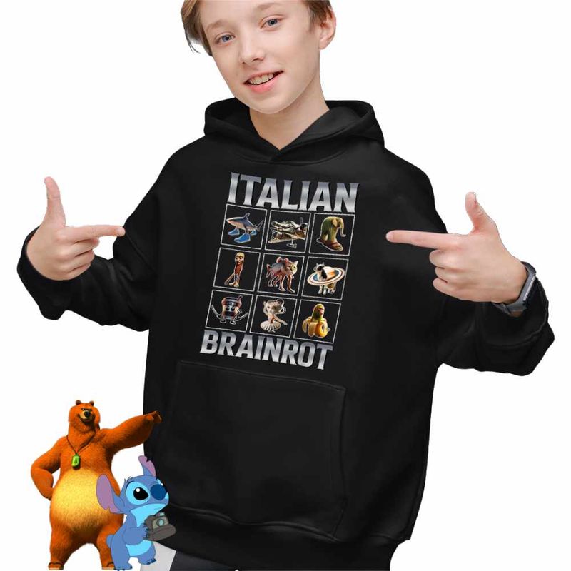 Fashion, accesorii si bijuterii - Copii - Imbracaminte copii - Pulovere si hanorace copii - Hanorac Copii Baieti Tralalero Crocodilo Sahur Cappucino Italian Meme Brainrot Brain Rot, negru, marime XS Copii - Infinity.ro
