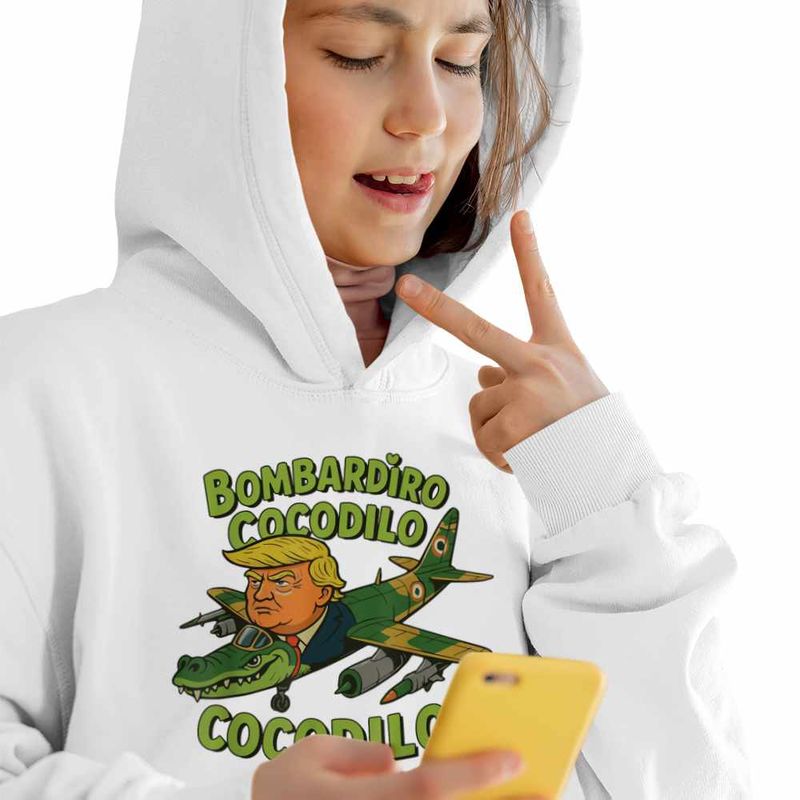 Fashion, accesorii si bijuterii - Copii - Imbracaminte copii - Pulovere si hanorace copii - Hanorac Copii Fete Cocodilo Donald Trump Brainrot Brain Rot, alb, marime L Copii - Infinity.ro