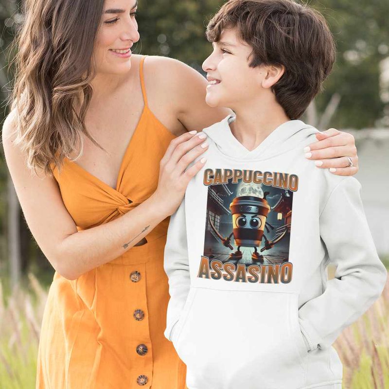 Fashion, accesorii si bijuterii - Copii - Imbracaminte copii - Pulovere si hanorace copii - Hanorac Copii Baieti Italian Cappuccino Assassino Brainrot, alb, marime XL Copii - Infinity.ro