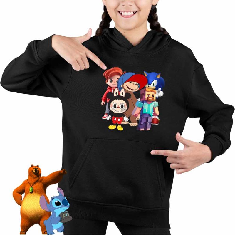 Fashion, accesorii si bijuterii - Copii - Imbracaminte copii - Pulovere si hanorace copii - Hanorac Copii Fete Maimuta George Roblox Labubu Sonic, negru, marime XS Copii - Infinity.ro