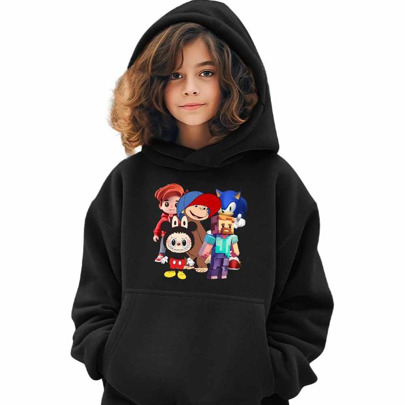 Fashion, accesorii si bijuterii - Copii - Imbracaminte copii - Pulovere si hanorace copii - Hanorac Copii Fete Maimuta George Roblox Labubu Sonic, negru, marime XS Copii - Infinity.ro
