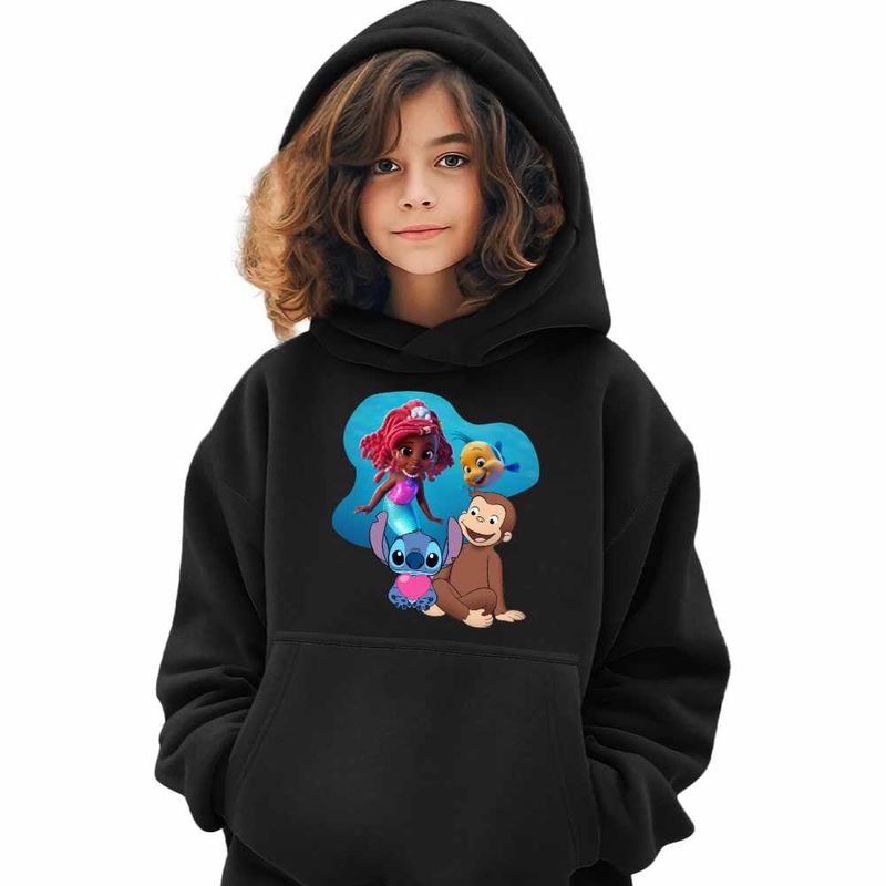 Fashion, accesorii si bijuterii - Copii - Imbracaminte copii - Pulovere si hanorace copii - Hanorac Copii Fete Curiosul George Ariel Stitch Maimuta Desene, negru, marime S Copii - Infinity.ro