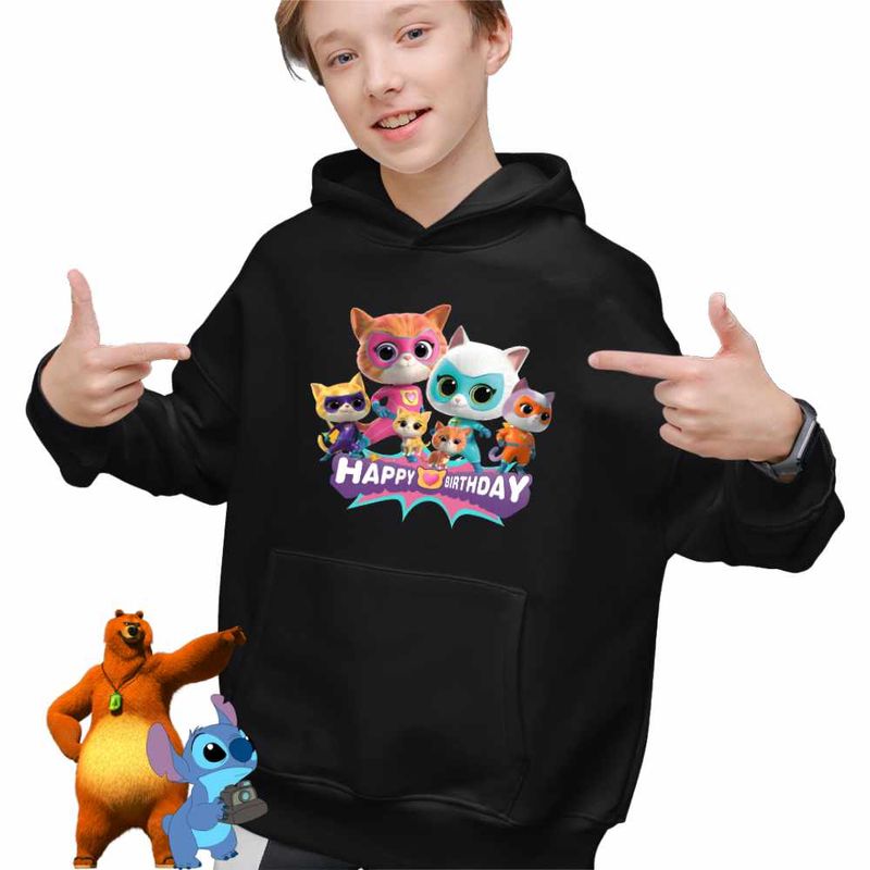Fashion, accesorii si bijuterii - Copii - Imbracaminte copii - Pulovere si hanorace copii - Hanorac Copii Baieti Super Pisicute Happy Birthday, negru, marime XS Copii - Infinity.ro