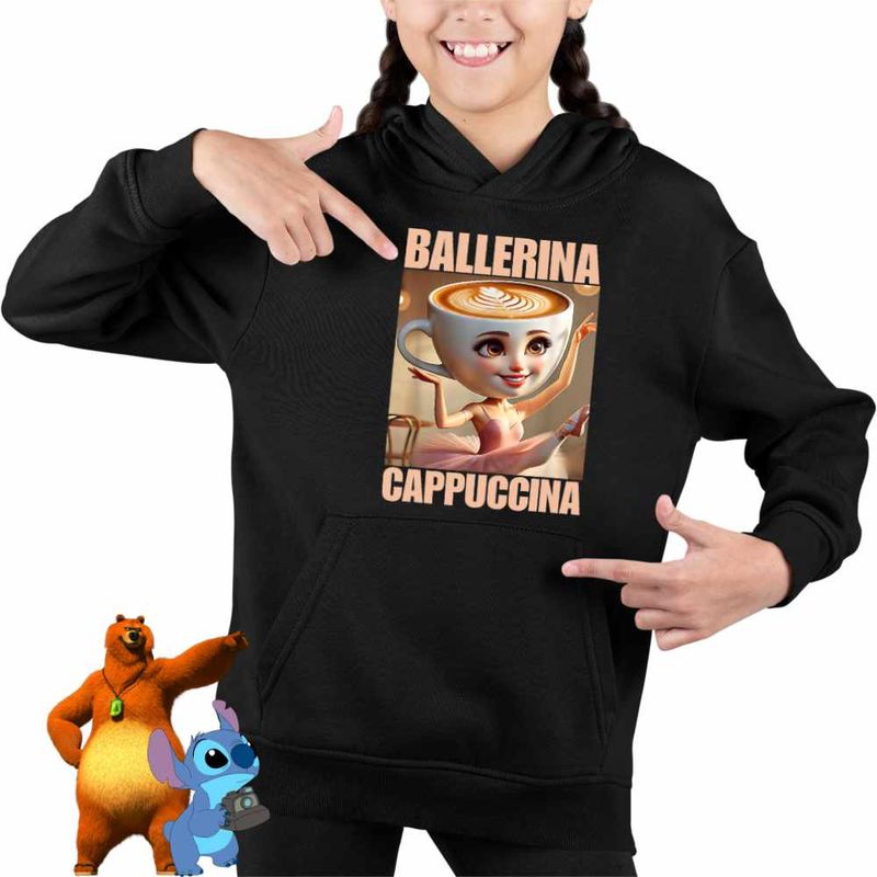 Fashion, accesorii si bijuterii - Copii - Imbracaminte copii - Pulovere si hanorace copii - Hanorac Copii Fete Ballerina Cappuccina Italian Meme Brainrot Brain Rot, negru, marime L Copii - Infinity.ro