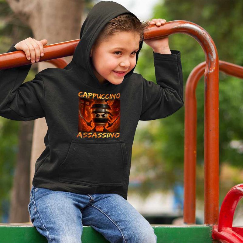 Fashion, accesorii si bijuterii - Copii - Imbracaminte copii - Pulovere si hanorace copii - Hanorac Copii Baieti Italia Cappuccino Assassino Brainrot, negru, marime S Copii - Infinity.ro