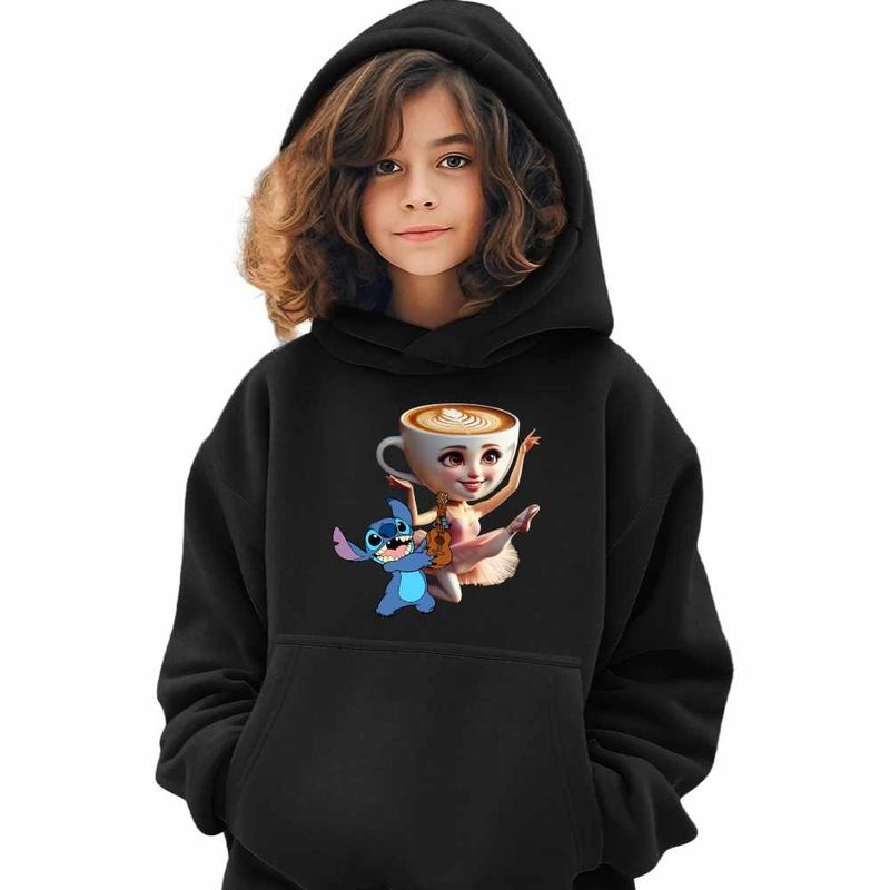 Fashion, accesorii si bijuterii - Copii - Imbracaminte copii - Pulovere si hanorace copii - Hanorac Copii Fete Stitch Balerina Cappucina Tiktok, negru, marime XL Copii - Infinity.ro