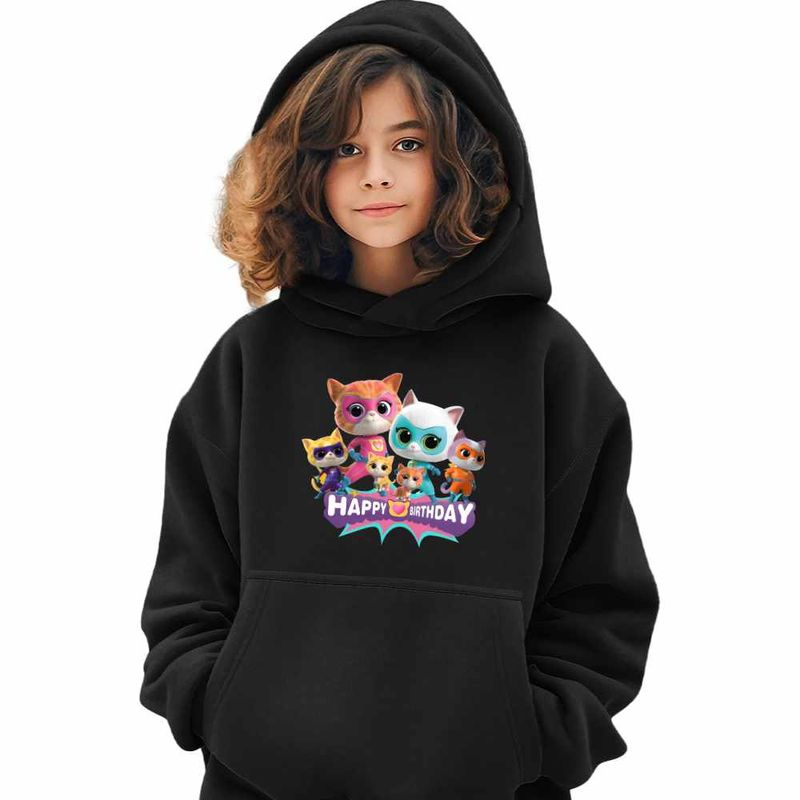 Fashion, accesorii si bijuterii - Copii - Imbracaminte copii - Pulovere si hanorace copii - Hanorac Copii Fete Super Pisicute Happy Birthday, negru, marime XS Copii - Infinity.ro