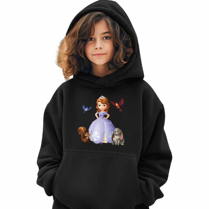 Fashion, accesorii si bijuterii - Copii - Imbracaminte copii - Pulovere si hanorace copii - Hanorac Copii Fete Sofia Intai Veverita Iepuras Pasari, Sofia First, negru, marime XS Copii - Infinity.ro