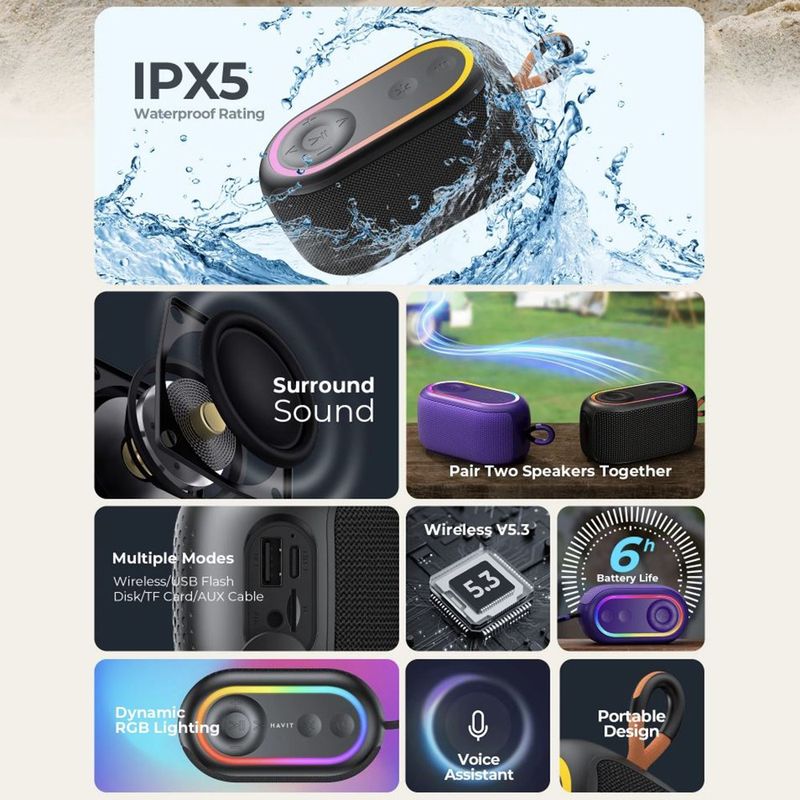 TV, Audio-Video si Foto - Portabile audio - Boxe portabile - Havit - Wireless Speaker (SK809BT) - USB-C, Bluetooth 5.3, TWS, TF, USB, FM, AUX, Hands-Free Call, RGB, IPX5, 1200mAh - Violet - Infinity.ro