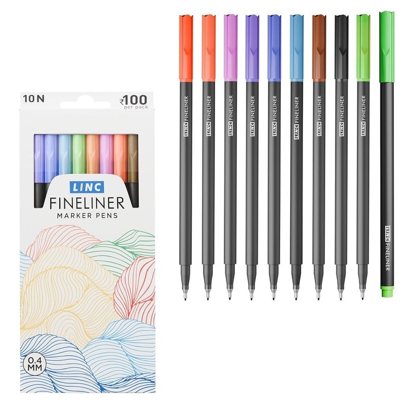 Carti si Birotica - Birotica - Instrumente de scris - Markere si carioci - Set 10 Finelinere LINC, Culori Asortate, Varf Fin pentru Contur si Schite, Capac Ventilat de Siguranta, Cutie Carton - Infinity.ro