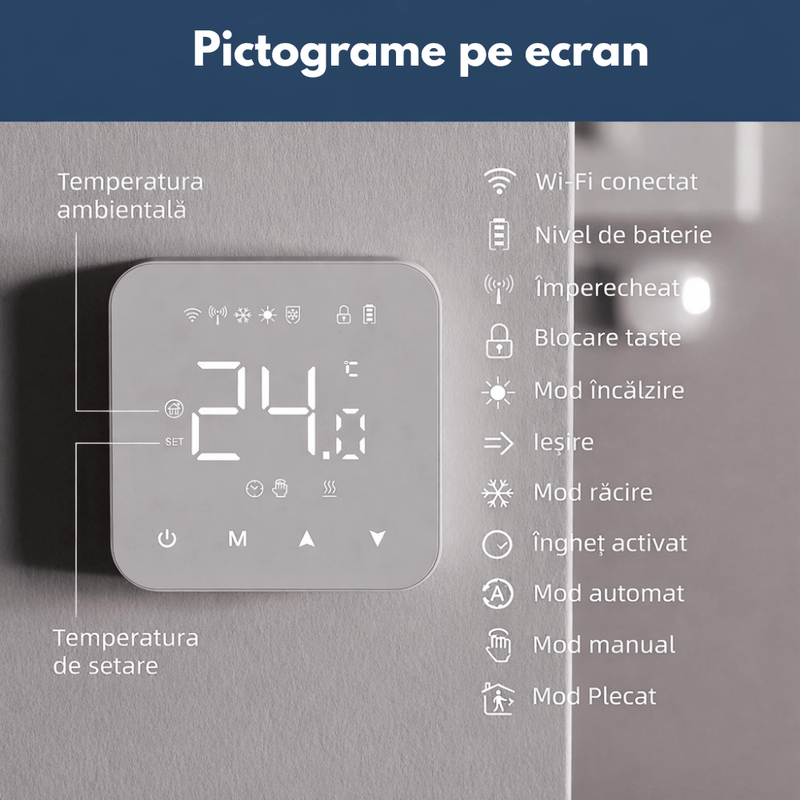 Casa si Gradina - Termice - Centrale termice si accesorii - Accesorii incalzire - BIRAI MirrorTherm Smart Thermostat Wireless, WiFi, Tuya, Alexa, Google, Receiver, Heating/Cooling, Black - Infinity.ro