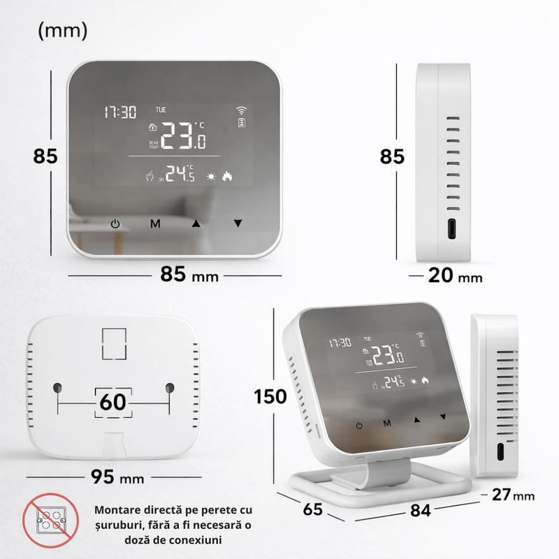Casa si Gradina - Termice - Centrale termice si accesorii - Accesorii incalzire - BIRAI MirrorTherm Smart Thermostat Wireless, WiFi, Tuya, Alexa, Google, Receiver, Heating/Cooling, Black - Infinity.ro