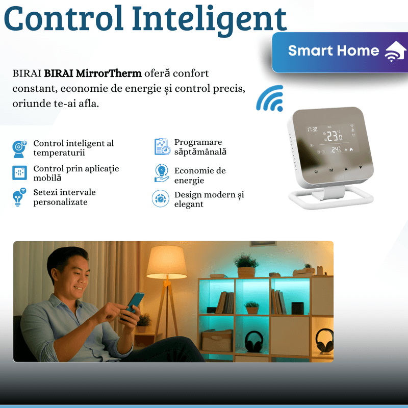 Casa si Gradina - Termice - Centrale termice si accesorii - Accesorii incalzire - BIRAI MirrorTherm Smart Thermostat Wireless, WiFi, Tuya, Alexa, Google, Receiver, Heating/Cooling, Black - Infinity.ro