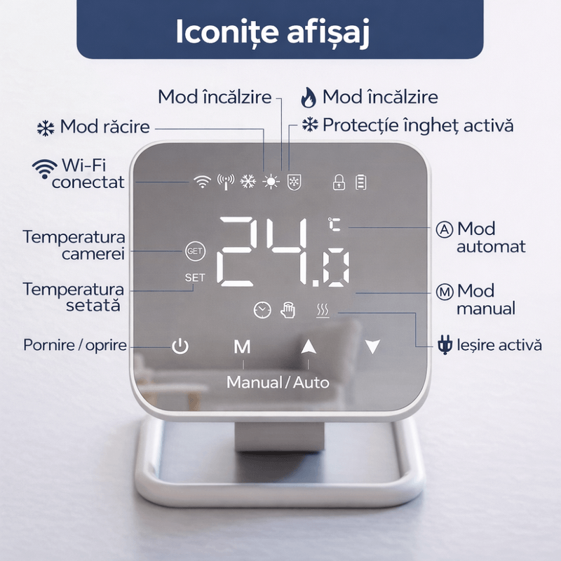 Casa si Gradina - Termice - Centrale termice si accesorii - Accesorii incalzire - BIRAI MirrorTherm Smart Thermostat Wireless, WiFi, Tuya, Alexa, Google, Receiver, Heating/Cooling, Black - Infinity.ro