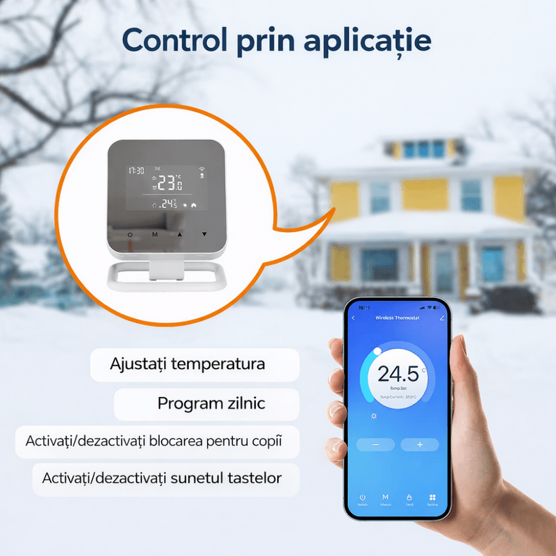 Casa si Gradina - Termice - Centrale termice si accesorii - Accesorii incalzire - BIRAI MirrorTherm Smart Thermostat Wireless, WiFi, Tuya, Alexa, Google, Receiver, Heating/Cooling, Black - Infinity.ro