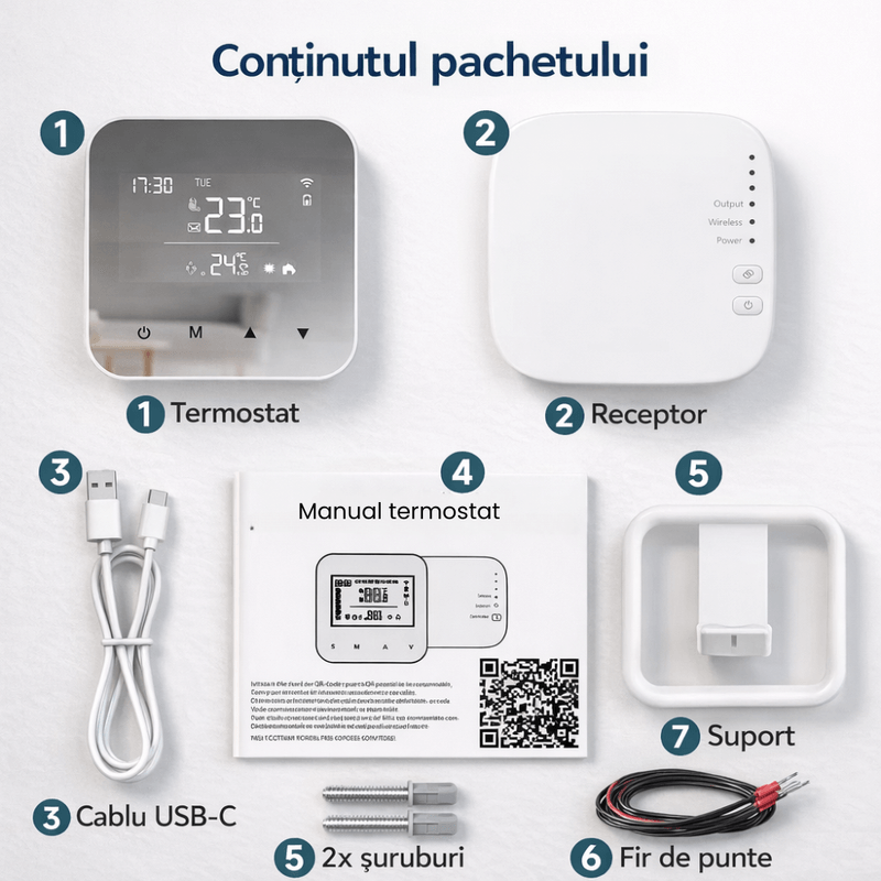 Casa si Gradina - Termice - Centrale termice si accesorii - Accesorii incalzire - BIRAI MirrorTherm Smart Thermostat Wireless, WiFi, Tuya, Alexa, Google, Receiver, Heating/Cooling, Black - Infinity.ro