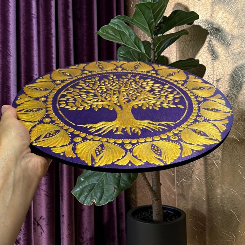 Casa si Gradina - Decoratiuni - Tablouri - Arborele vietii-Tablou Mandala Pictat Manual in culori regale auriu-mov, 30 cm - Infinity.ro