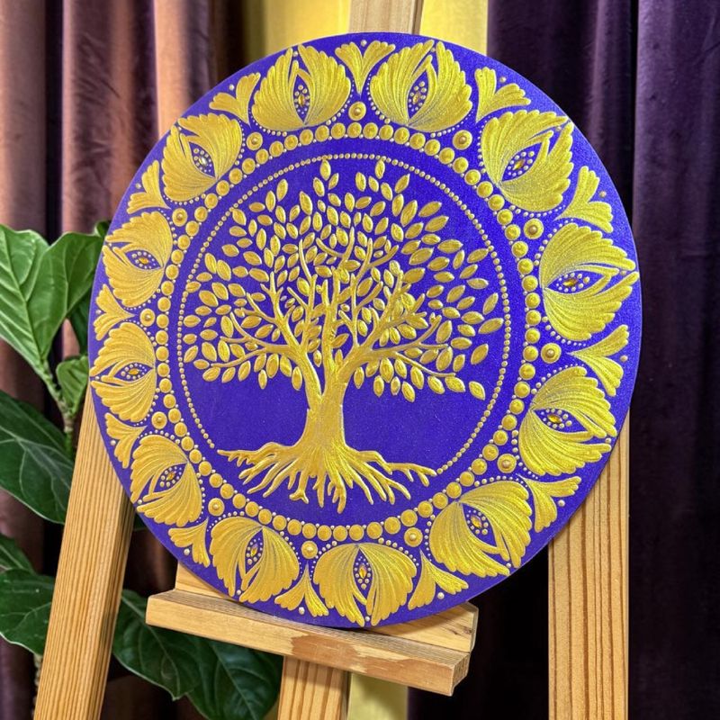 Casa si Gradina - Decoratiuni - Tablouri - Arborele vietii-Tablou Mandala Pictat Manual in culori regale auriu-mov, 30 cm - Infinity.ro