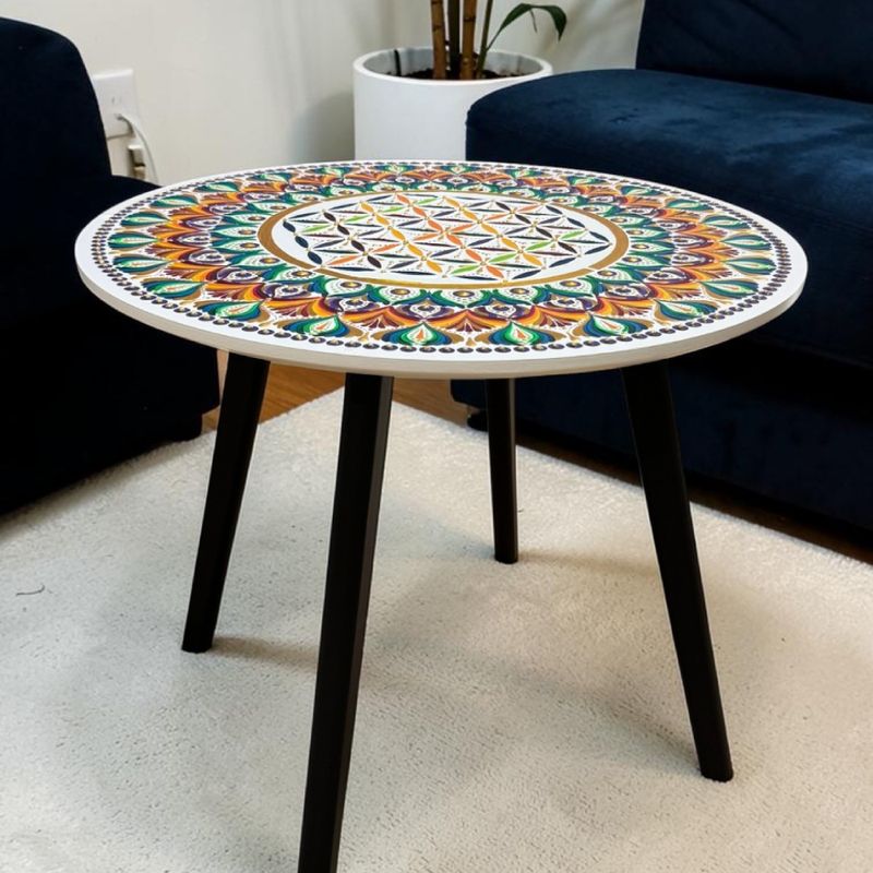 Casa si Gradina - Decoratiuni - Tablouri - Masuta decorativa alba lemn pictata manual model mandala cu geam securizat, 50 cm - Infinity.ro