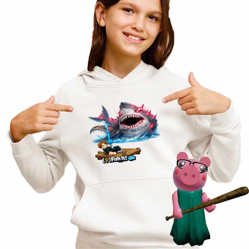 Fashion, accesorii si bijuterii - Copii - Imbracaminte copii - Pulovere si hanorace copii - Hanorac Copii Fete Pescar Roblox Rechin Sea Monster Pescar, alb, marime XS Copii - Infinity.ro
