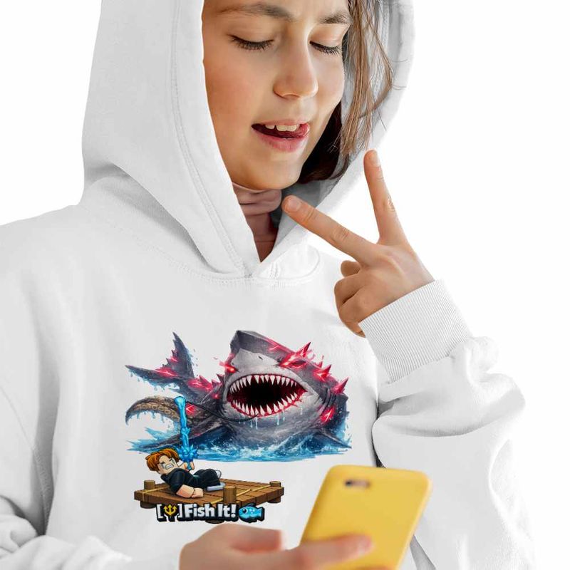 Fashion, accesorii si bijuterii - Copii - Imbracaminte copii - Pulovere si hanorace copii - Hanorac Copii Fete Pescar Roblox Rechin Sea Monster Pescar, alb, marime XS Copii - Infinity.ro