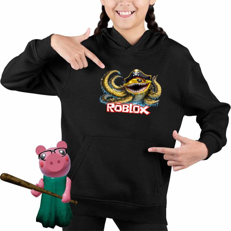 Fashion, accesorii si bijuterii - Copii - Imbracaminte copii - Pulovere si hanorace copii - Hanorac Copii Fete Roblox Fish it Huggy Wuggy Pirat Sea Monster, negru, marime S Copii - Infinity.ro