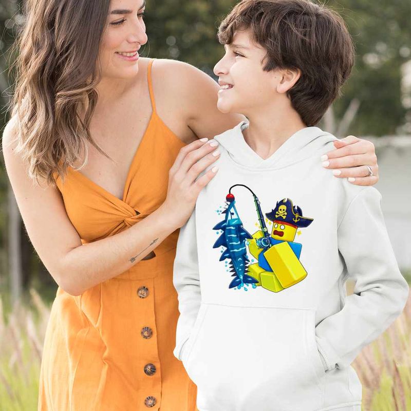 Fashion, accesorii si bijuterii - Copii - Imbracaminte copii - Pulovere si hanorace copii - Hanorac Copii Baieti Noob Pescar Roblox Fish it Sea Monster, alb, marime M Copii - Infinity.ro