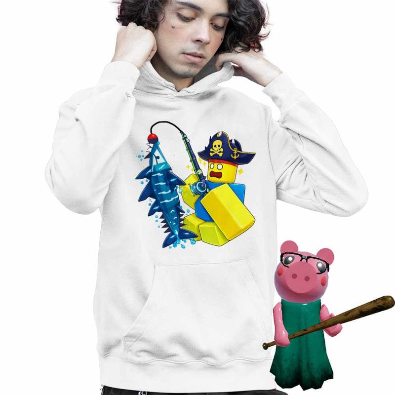 Fashion, accesorii si bijuterii - Copii - Imbracaminte copii - Pulovere si hanorace copii - Hanorac Copii Baieti Noob Pescar Roblox Fish it Sea Monster, alb, marime M Copii - Infinity.ro