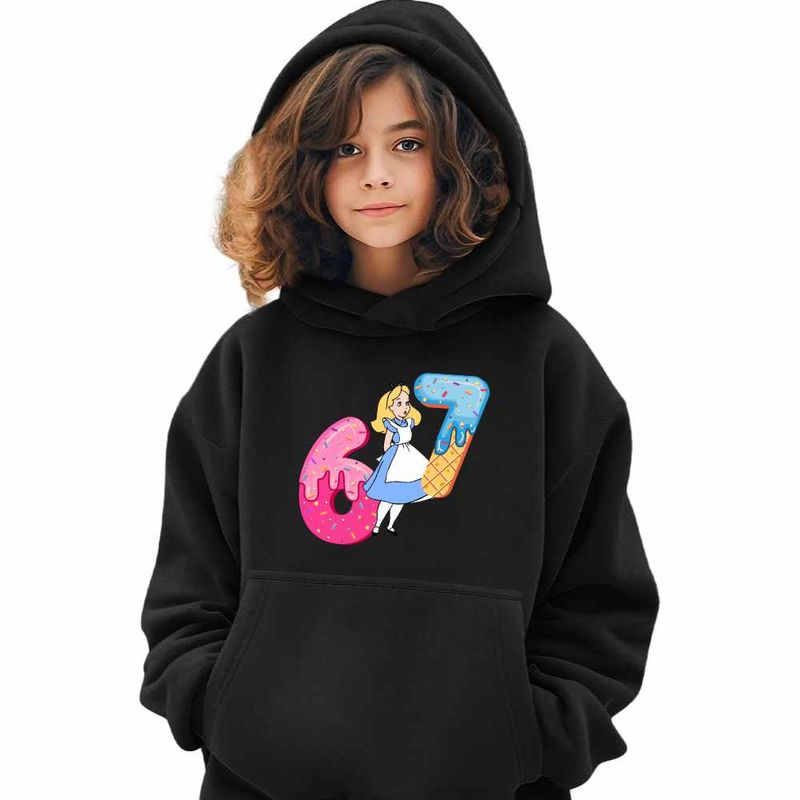 Fashion, accesorii si bijuterii - Copii - Imbracaminte copii - Pulovere si hanorace copii - Hanorac Copii Fete Alice Tara Minunilor Six Seven Sase Sapte 67, negru, marime M Copii - Infinity.ro